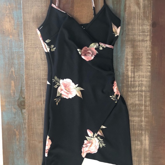 Almost Famous Dresses & Skirts - Black w/floral faux wrap dress NWT